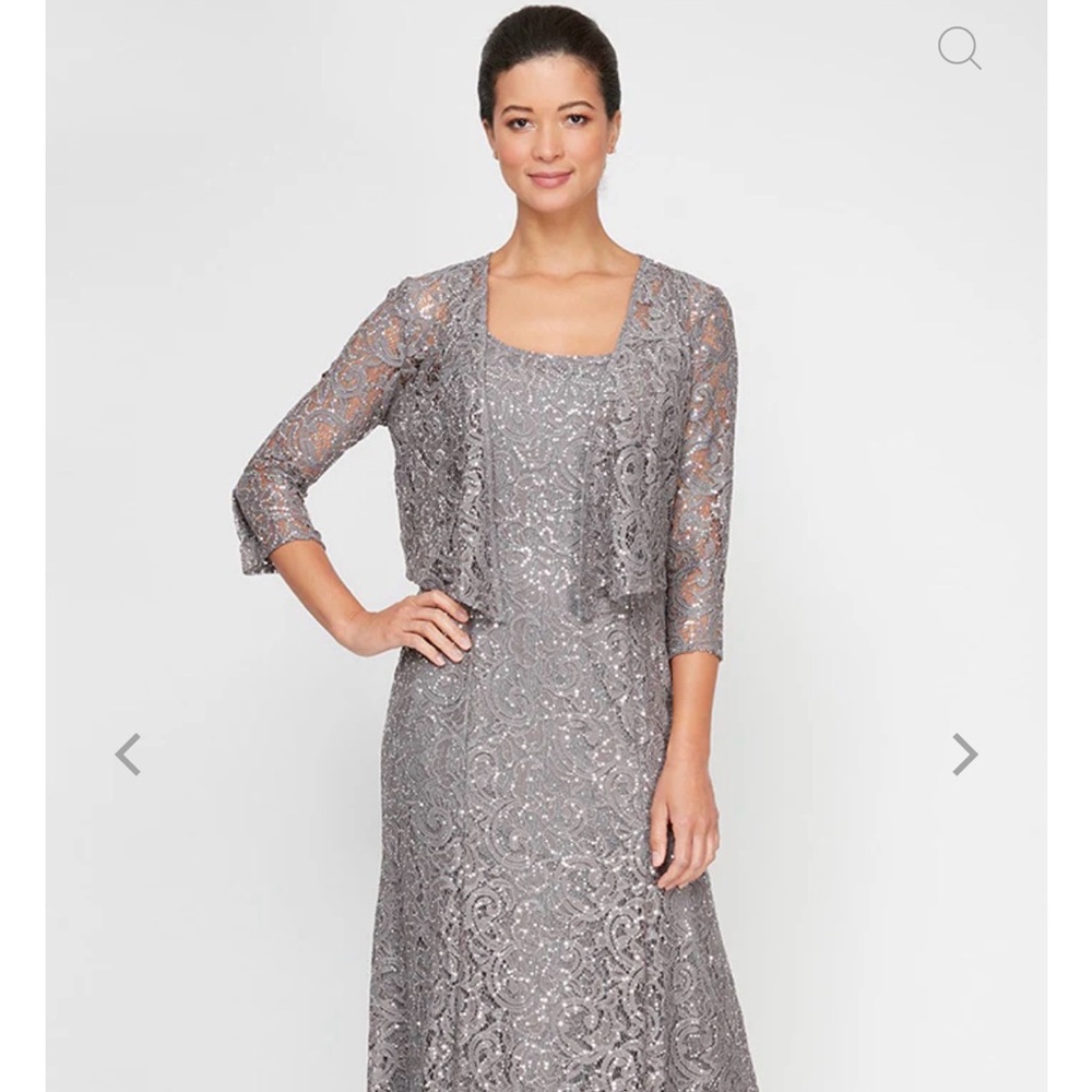 Alex Evenings Metallic Gray charcoal Lace Long Sleeve Gown New with tags